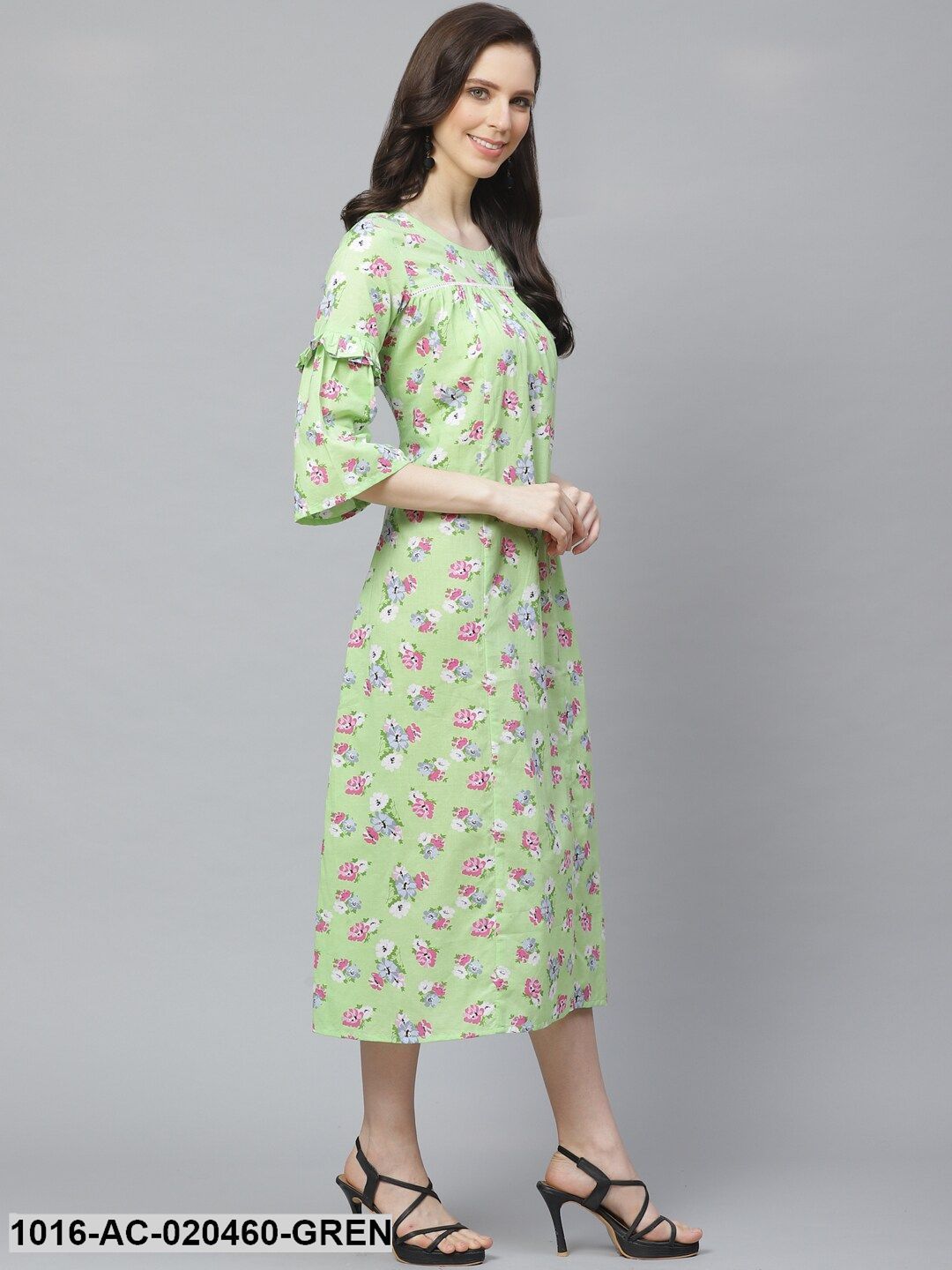 Green & Pink Floral Printed A-Line Dress