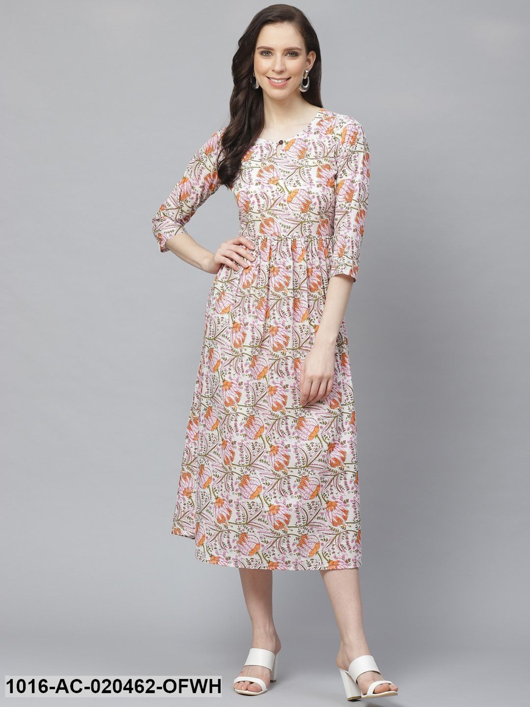 Off-White & Pink Floral Printed A-Line Dress