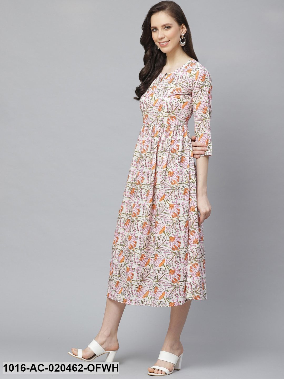 Off-White & Pink Floral Printed A-Line Dress