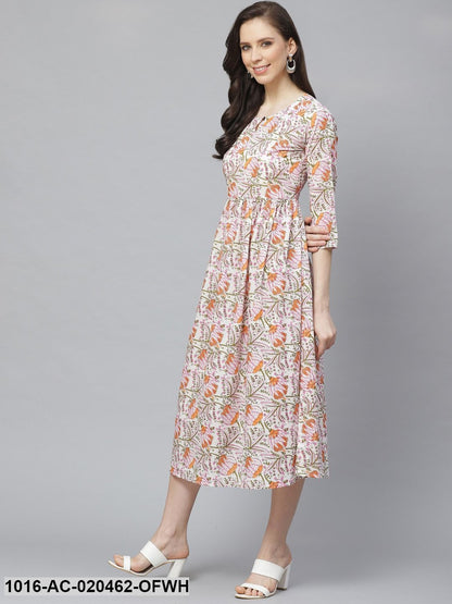 Off-White & Pink Floral Printed A-Line Dress
