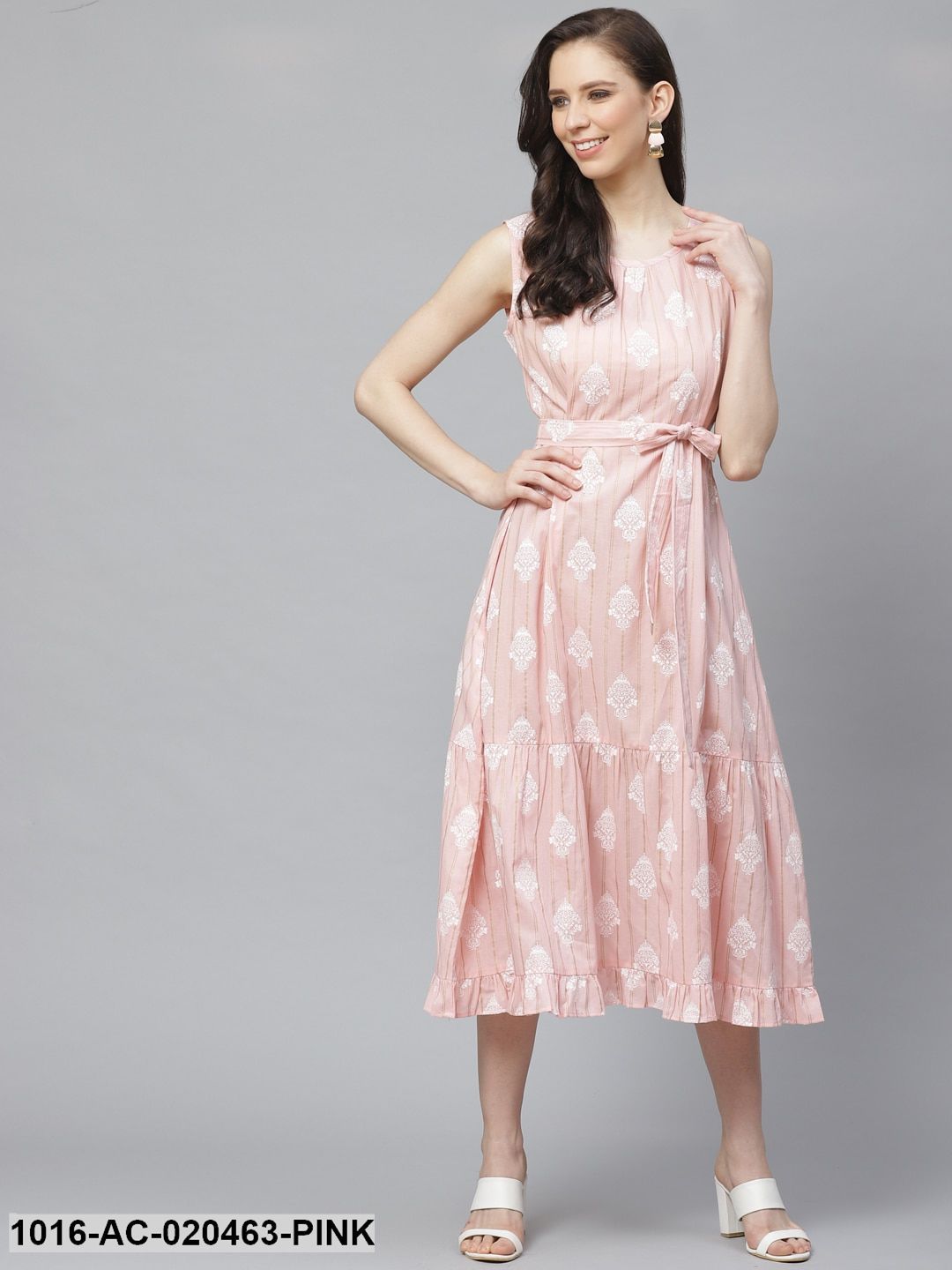 Pink & White Ethnic Print A-Line Dress