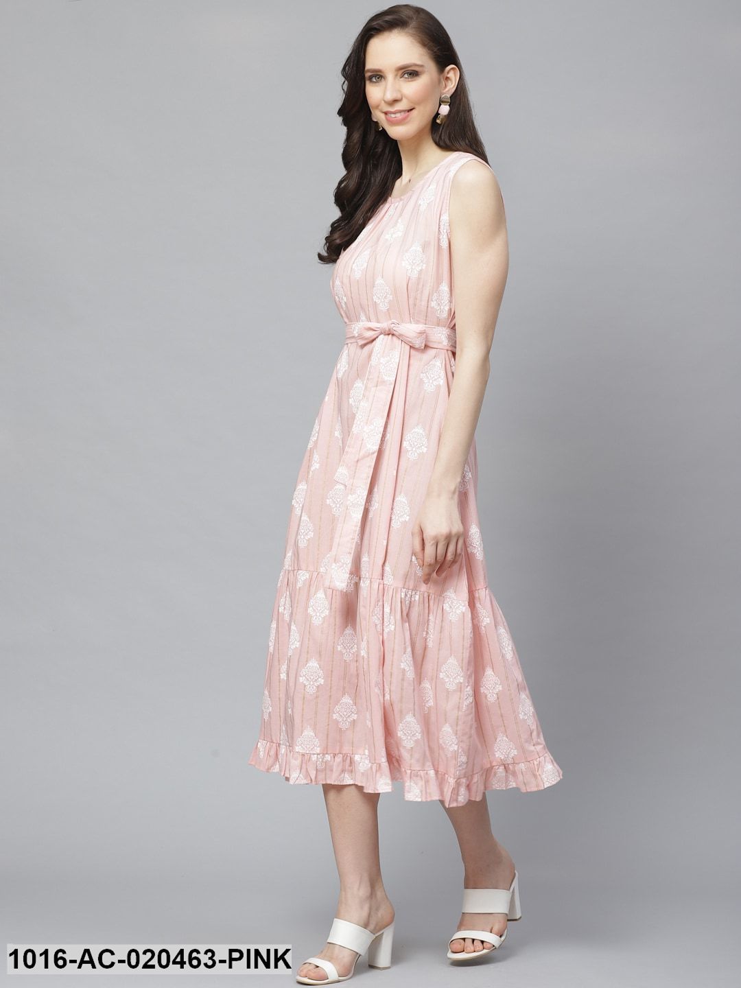 Pink & White Ethnic Print A-Line Dress