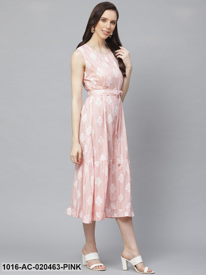 Pink & White Ethnic Print A-Line Dress