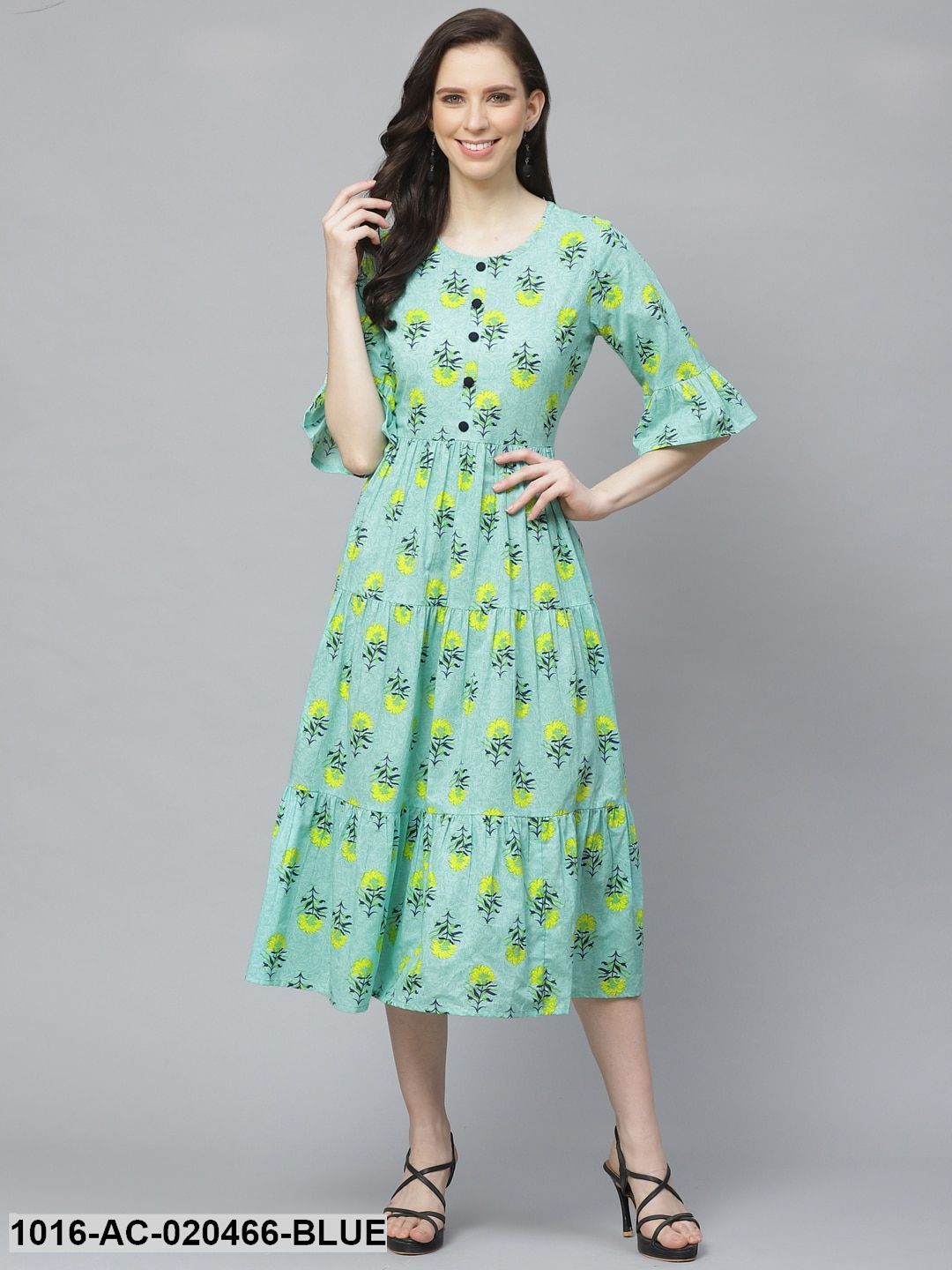 Blue & Yellow Floral Printed Tiered A-Line Dress