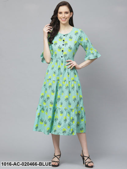 Blue & Yellow Floral Printed Tiered A-Line Dress
