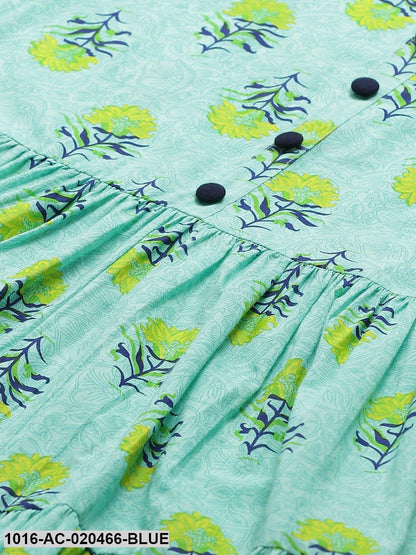 Blue & Yellow Floral Printed Tiered A-Line Dress