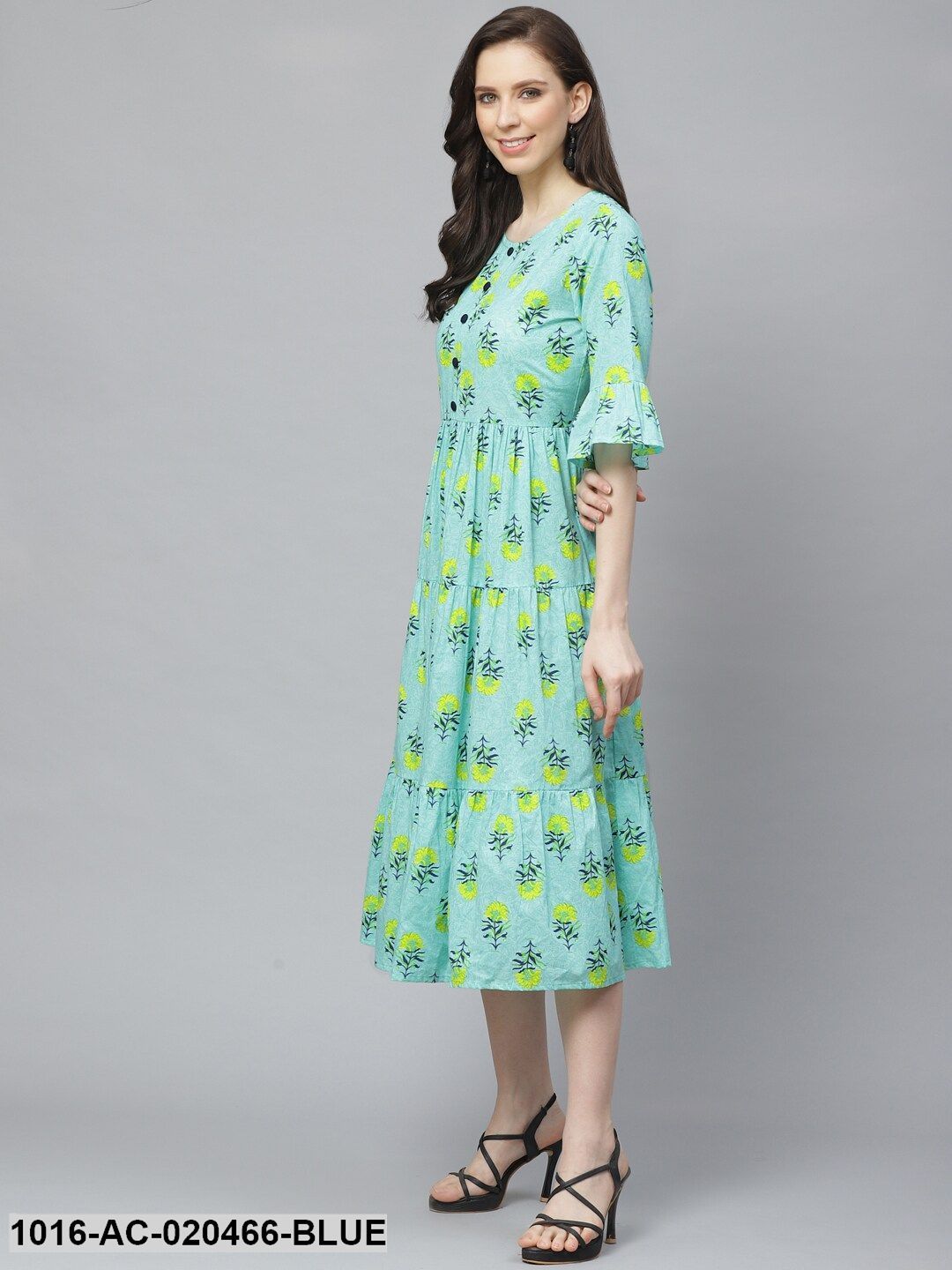 Blue & Yellow Floral Printed Tiered A-Line Dress