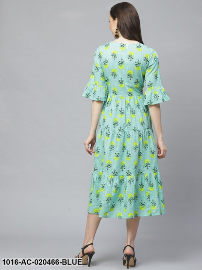 Blue & Yellow Floral Printed Tiered A-Line Dress