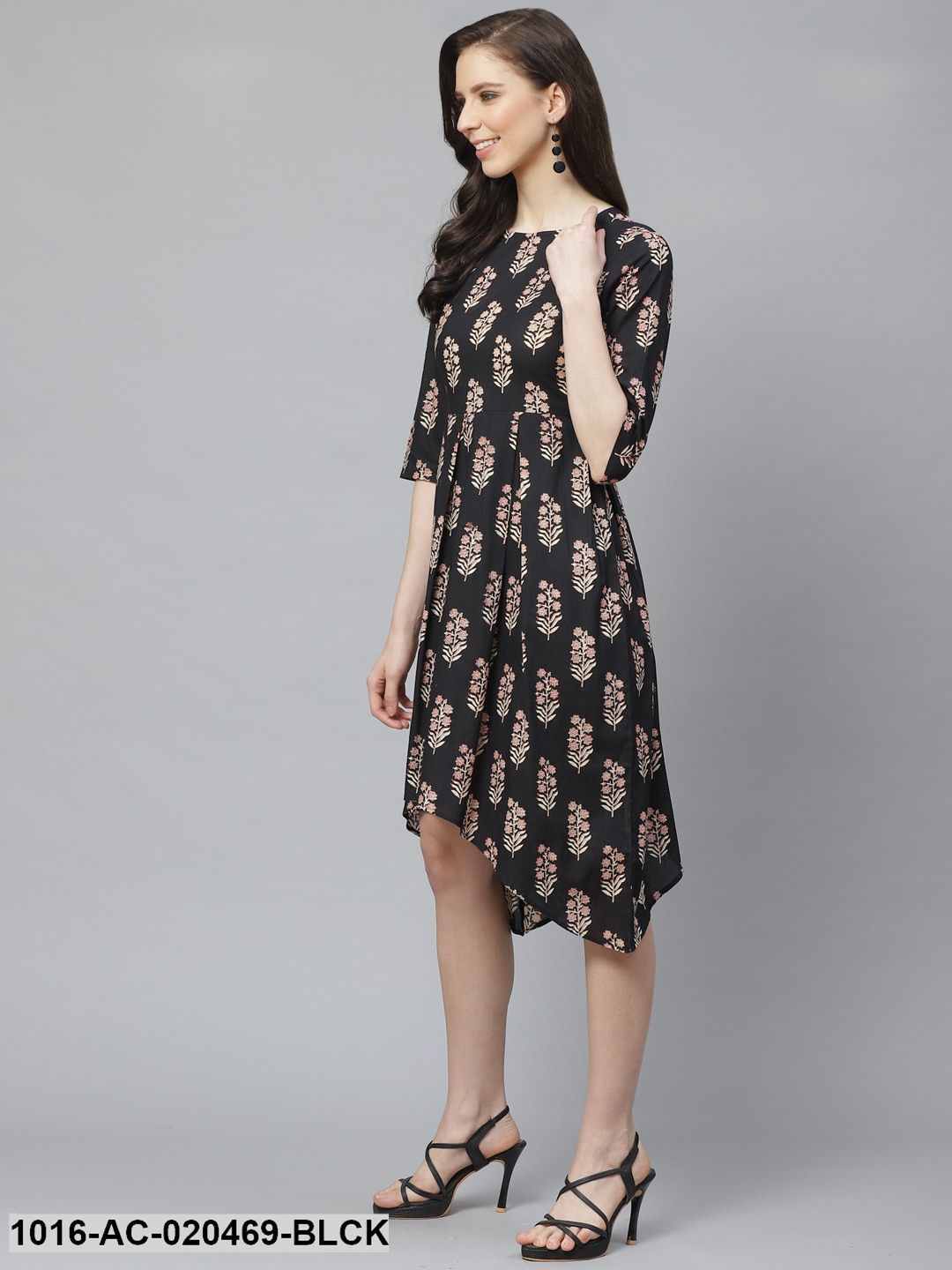 Black & Beige Ethnic Printed Asymmetric A-Line Dress