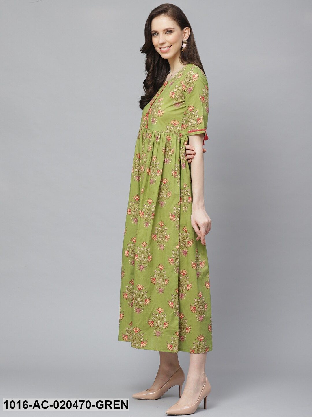 Green & Red Ethnic Printed Maxi Dress