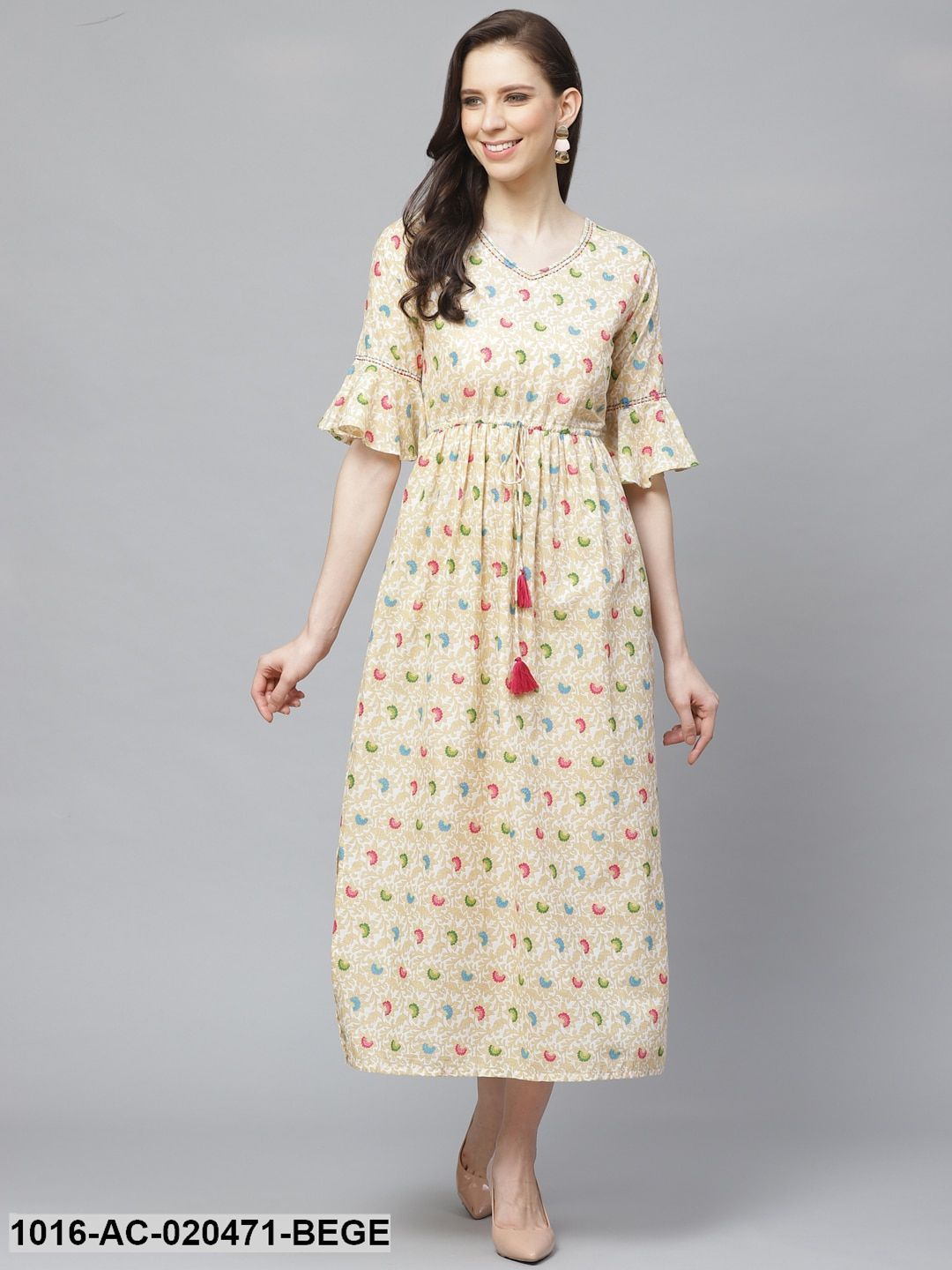 Beige &amp; White Ethnic Printed Maxi Dress