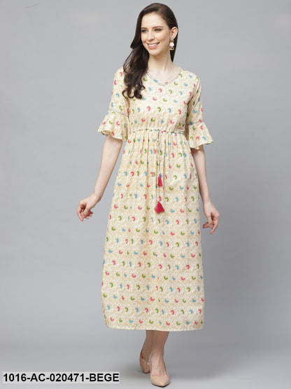 Beige & White Ethnic Printed Maxi Dress
