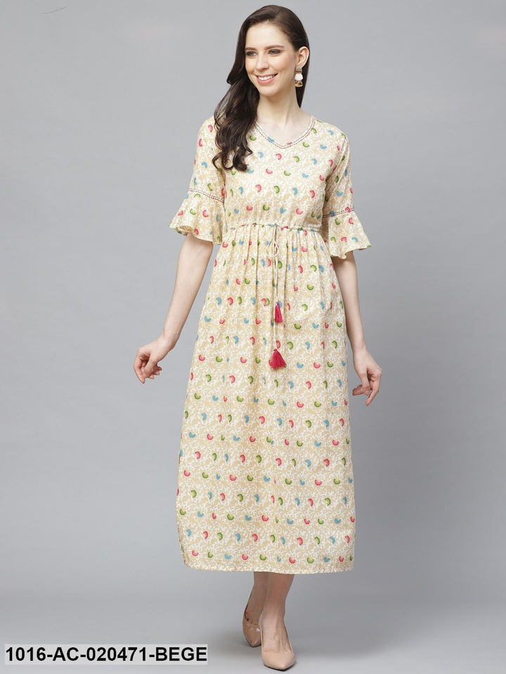 Beige &amp; White Ethnic Printed Maxi Dress