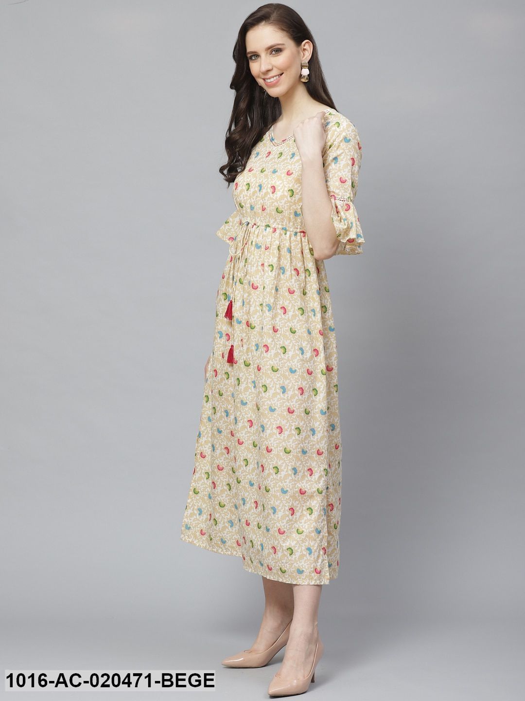 Beige &amp; White Ethnic Printed Maxi Dress