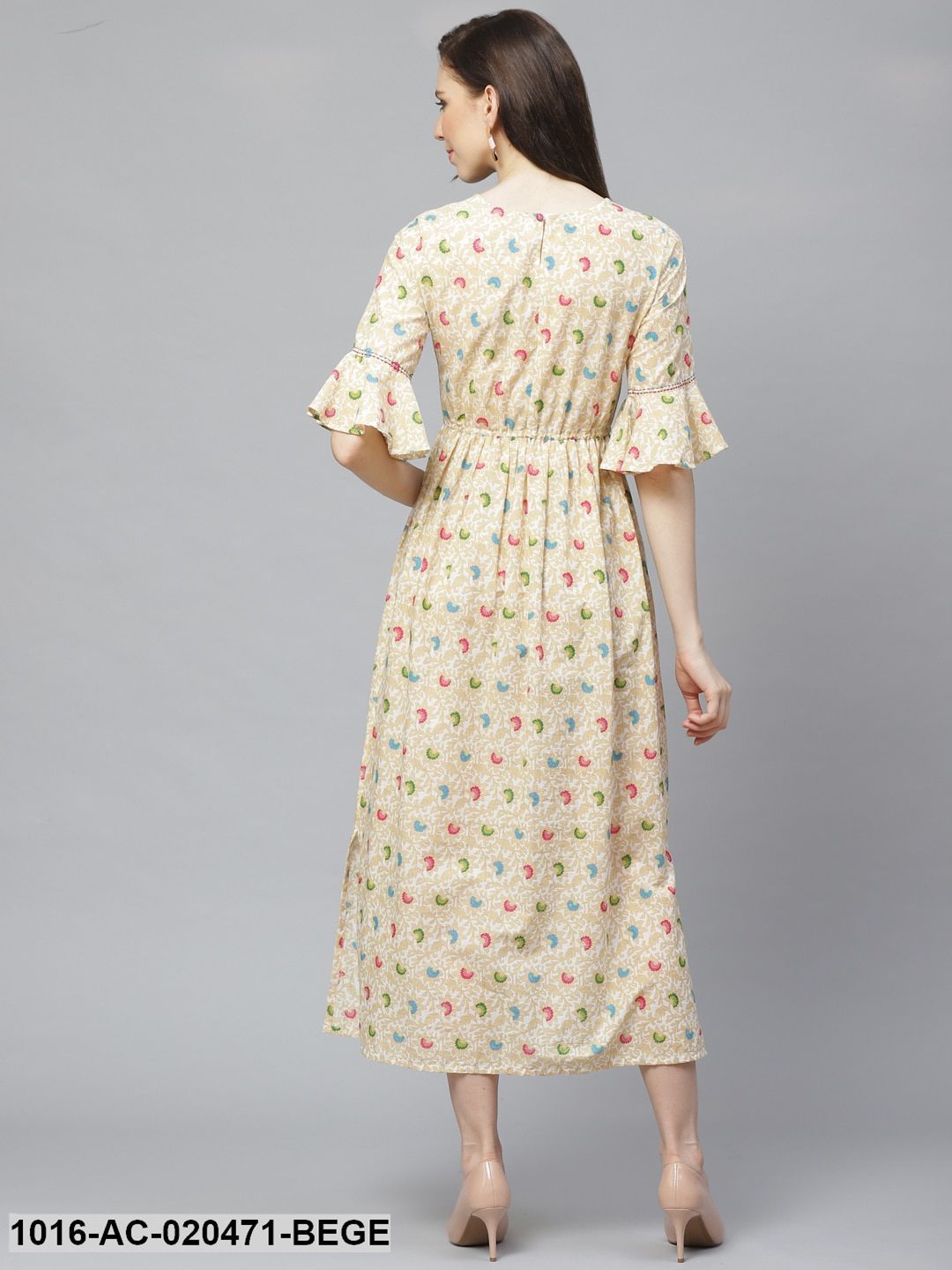 Beige &amp; White Ethnic Printed Maxi Dress