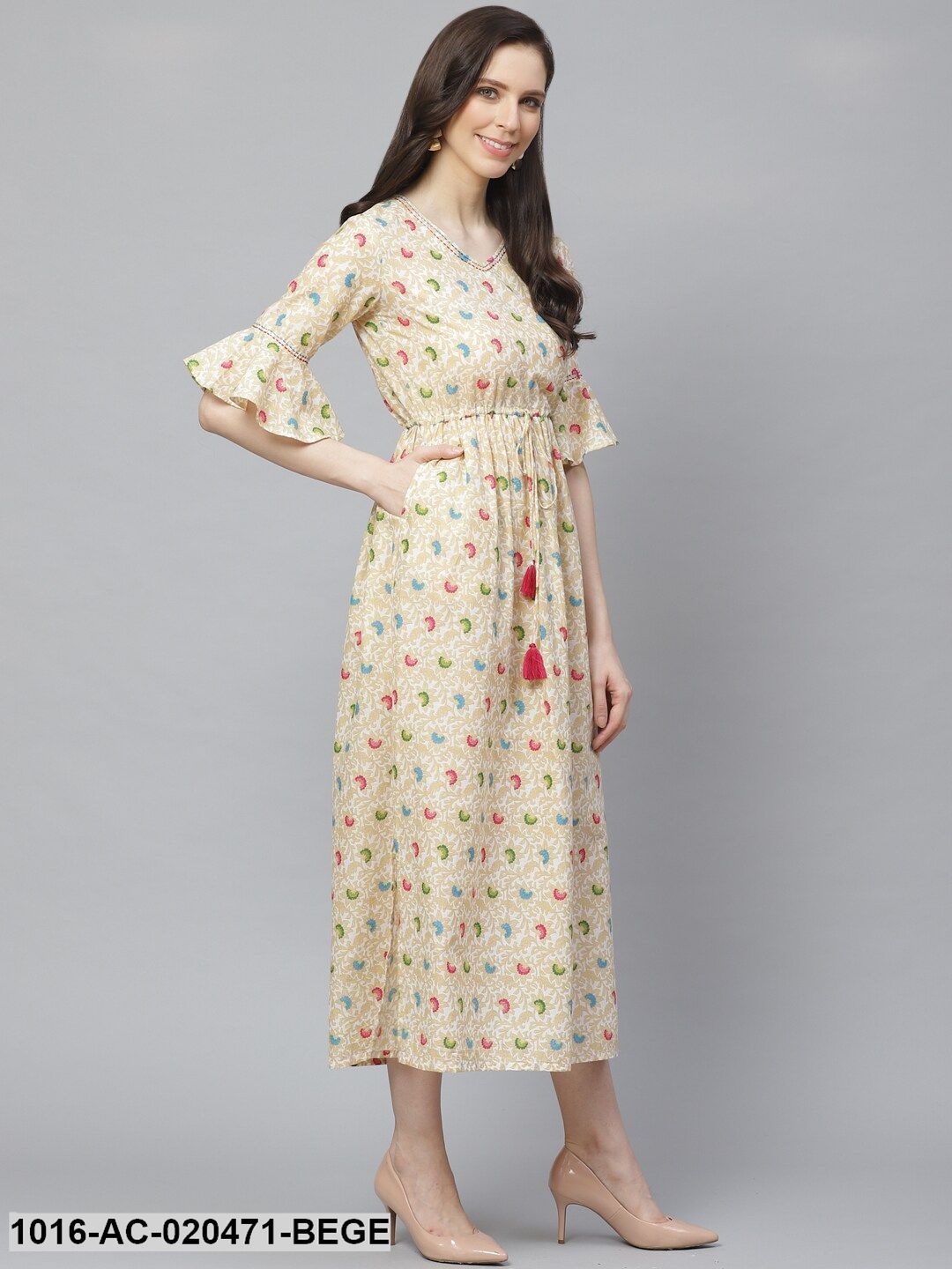 Beige &amp; White Ethnic Printed Maxi Dress