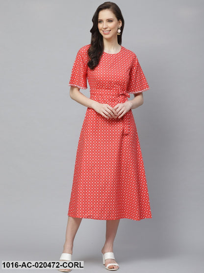 Coral Red & White Geometric Printed A-Line Dress