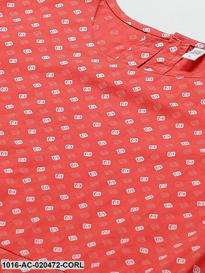 Coral Red & White Geometric Printed A-Line Dress