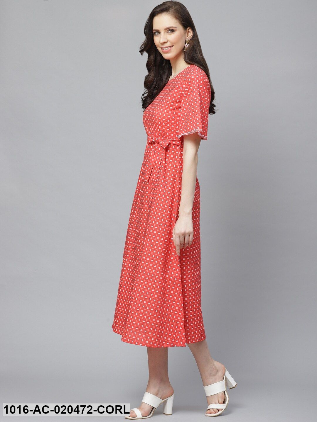 Coral Red & White Geometric Printed A-Line Dress