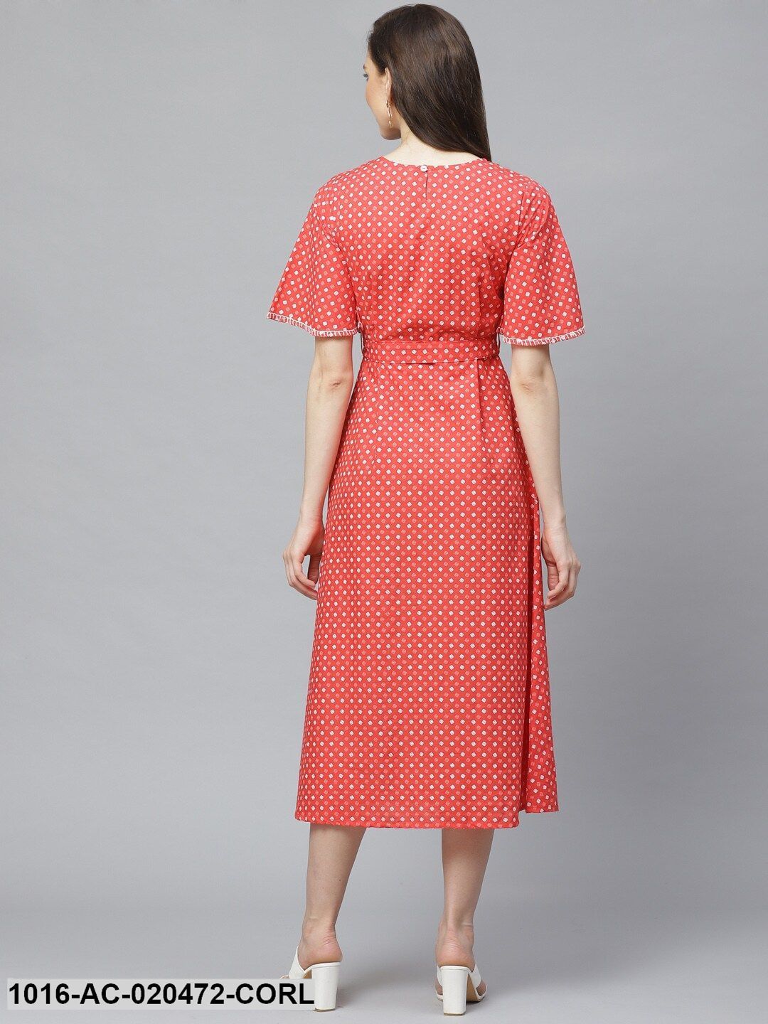 Coral Red & White Geometric Printed A-Line Dress