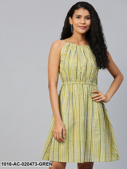 Green & Off-White Striped A-Line Dress