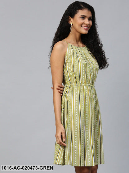 Green & Off-White Striped A-Line Dress