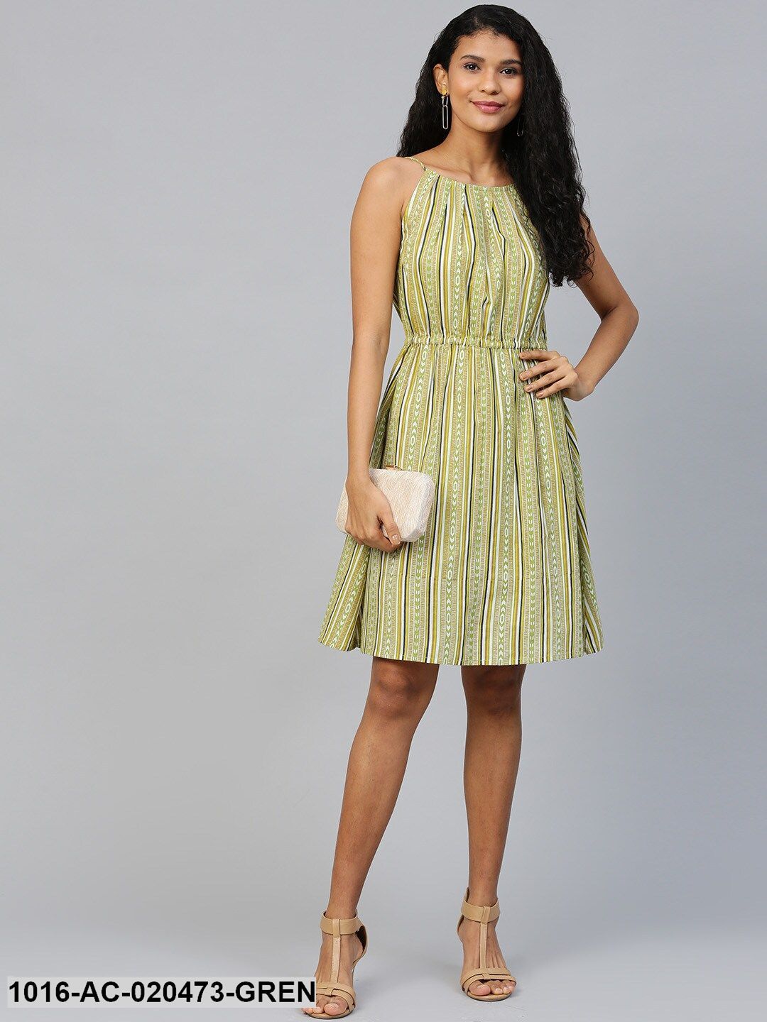 Green & Off-White Striped A-Line Dress