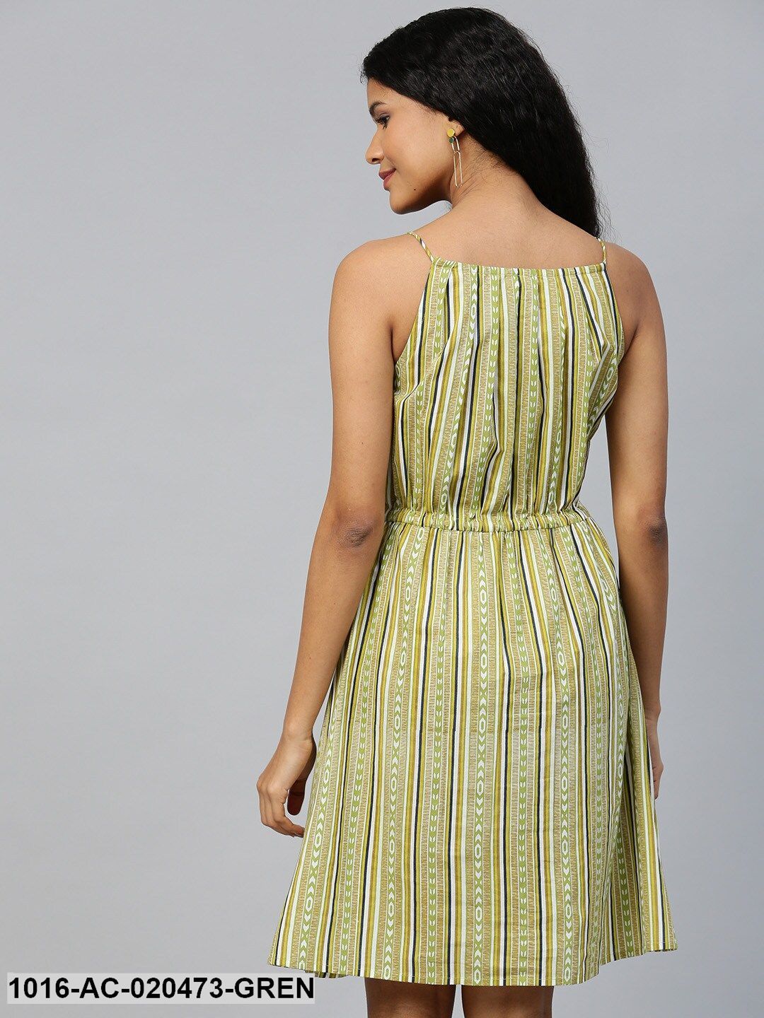 Green & Off-White Striped A-Line Dress