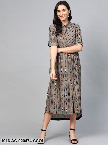 Charcoal Grey & Navy Blue Printed High-Low Maxi Dress