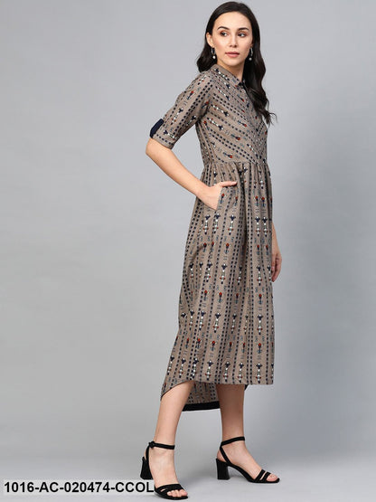 Charcoal Grey & Navy Blue Printed High-Low Maxi Dress