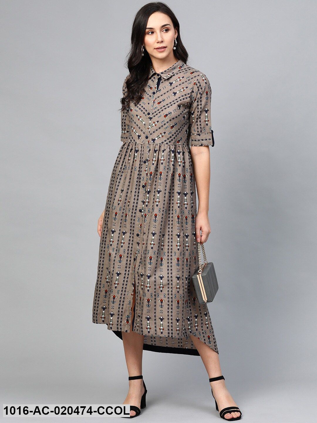 Charcoal Grey & Navy Blue Printed High-Low Maxi Dress