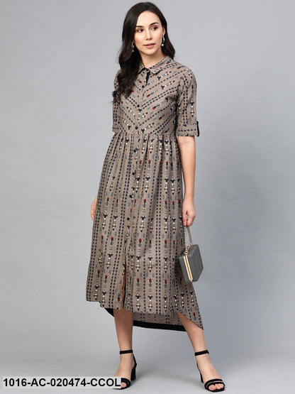 Charcoal Grey & Navy Blue Printed High-Low Maxi Dress