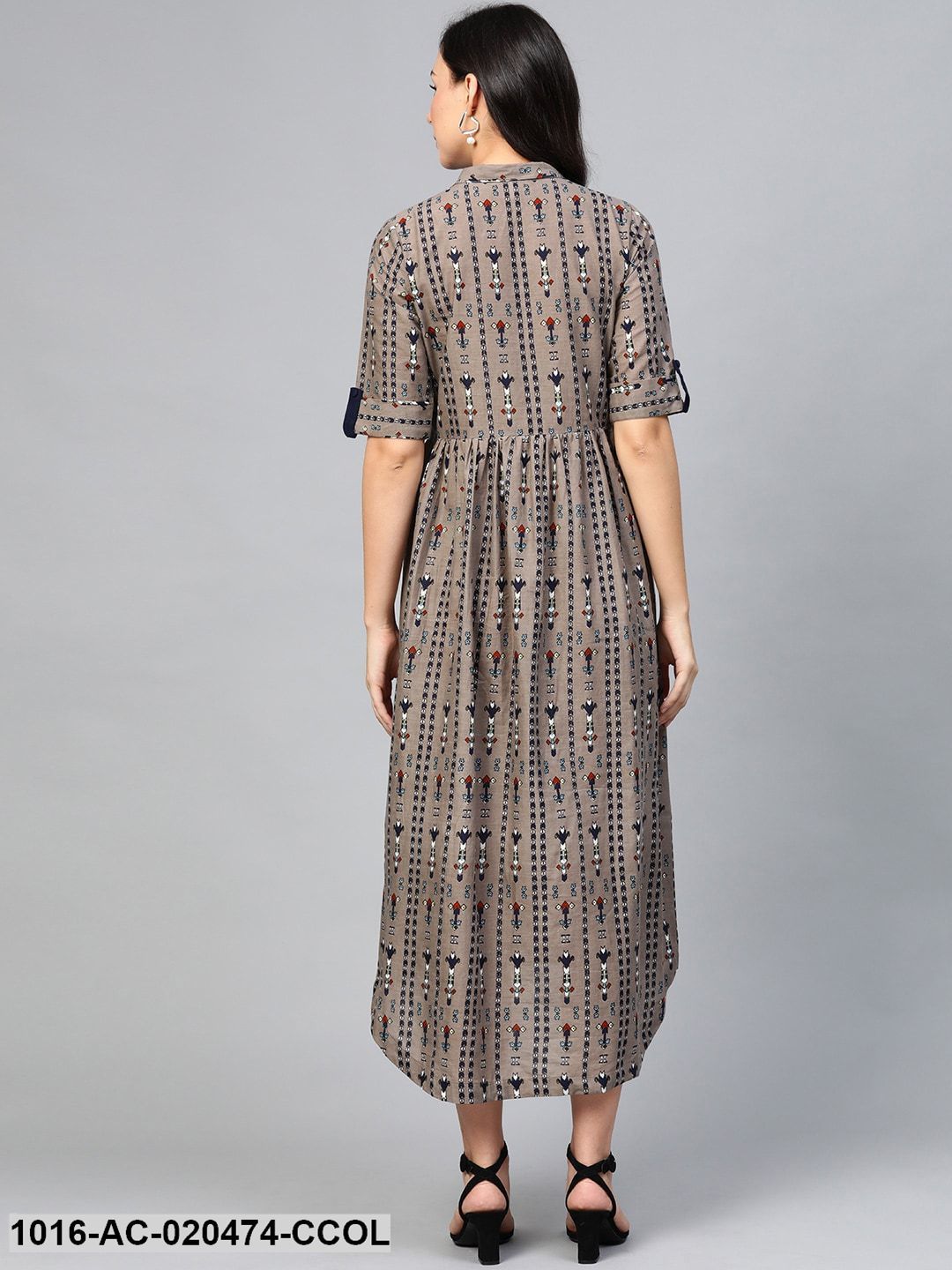 Charcoal Grey & Navy Blue Printed High-Low Maxi Dress