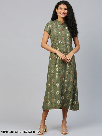 Olive Green & Golden Printed Midi Dress