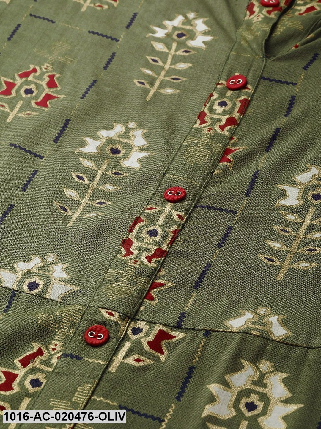 Olive Green & Golden Printed Midi Dress