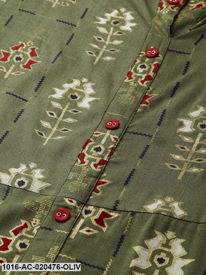 Olive Green & Golden Printed Midi Dress