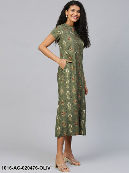 Olive Green & Golden Printed Midi Dress