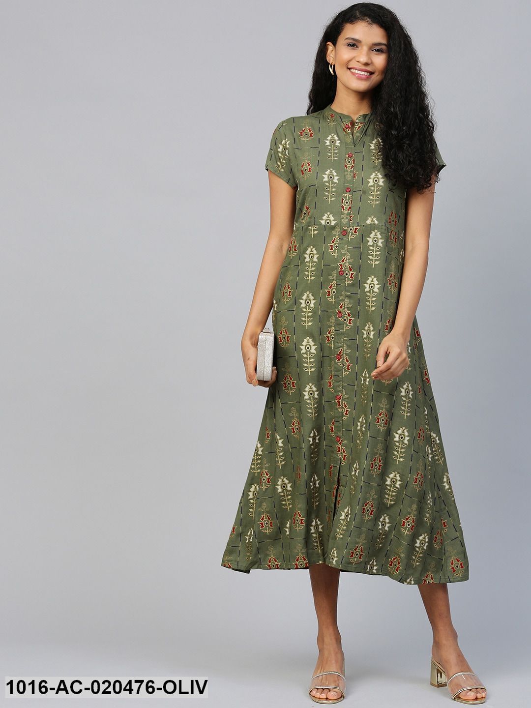 Olive Green & Golden Printed Midi Dress
