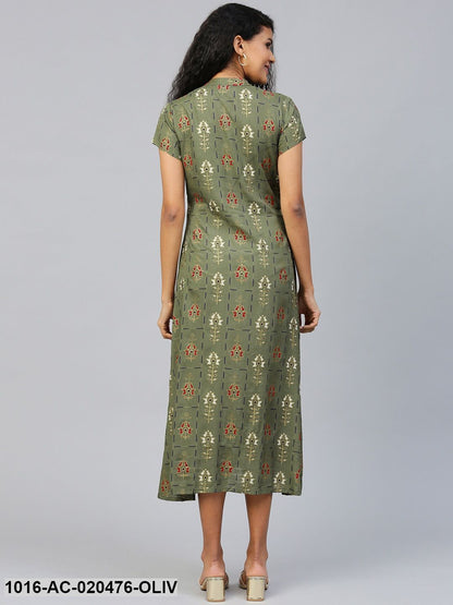 Olive Green & Golden Printed Midi Dress