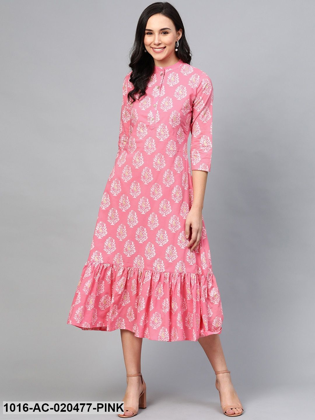Pink & Off White Printed A-Line Dress