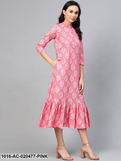 Pink & Off White Printed A-Line Dress