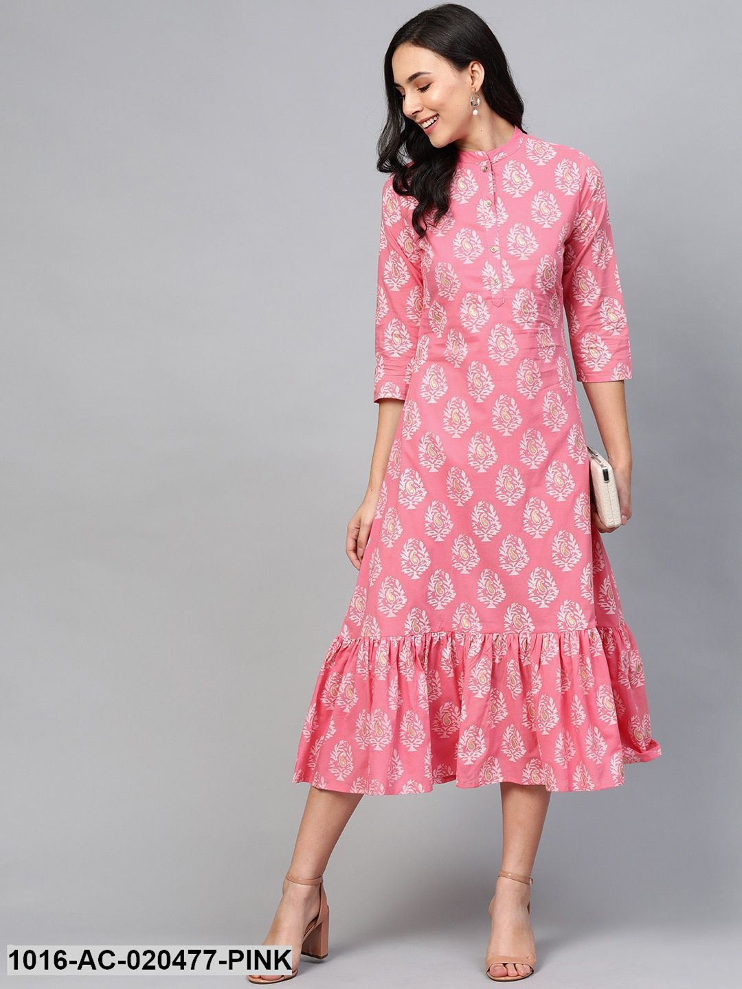 Pink & Off White Printed A-Line Dress