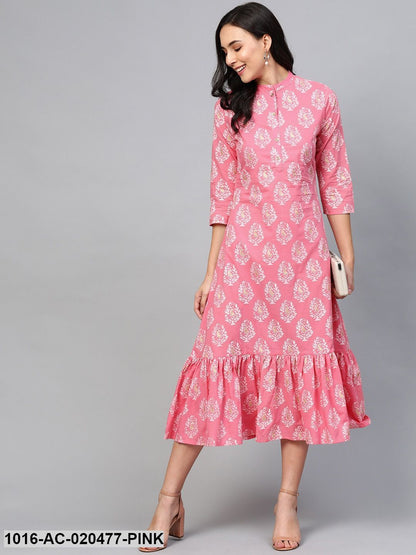 Pink & Off White Printed A-Line Dress