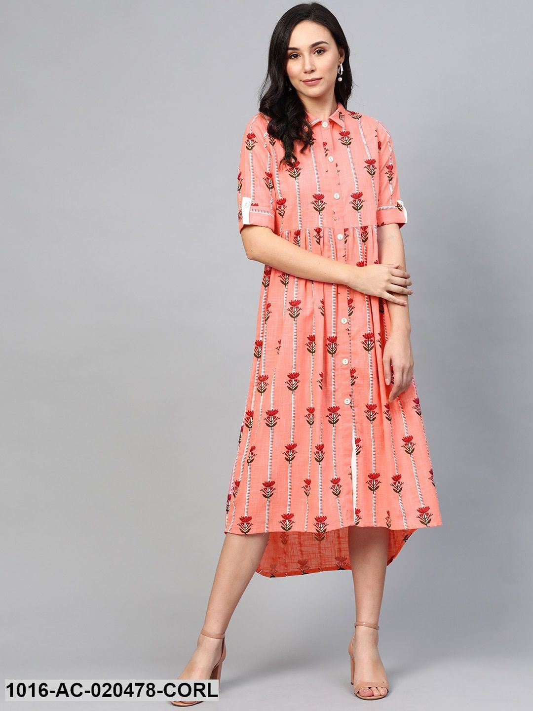 Coral Orange Printed Shirt Dress