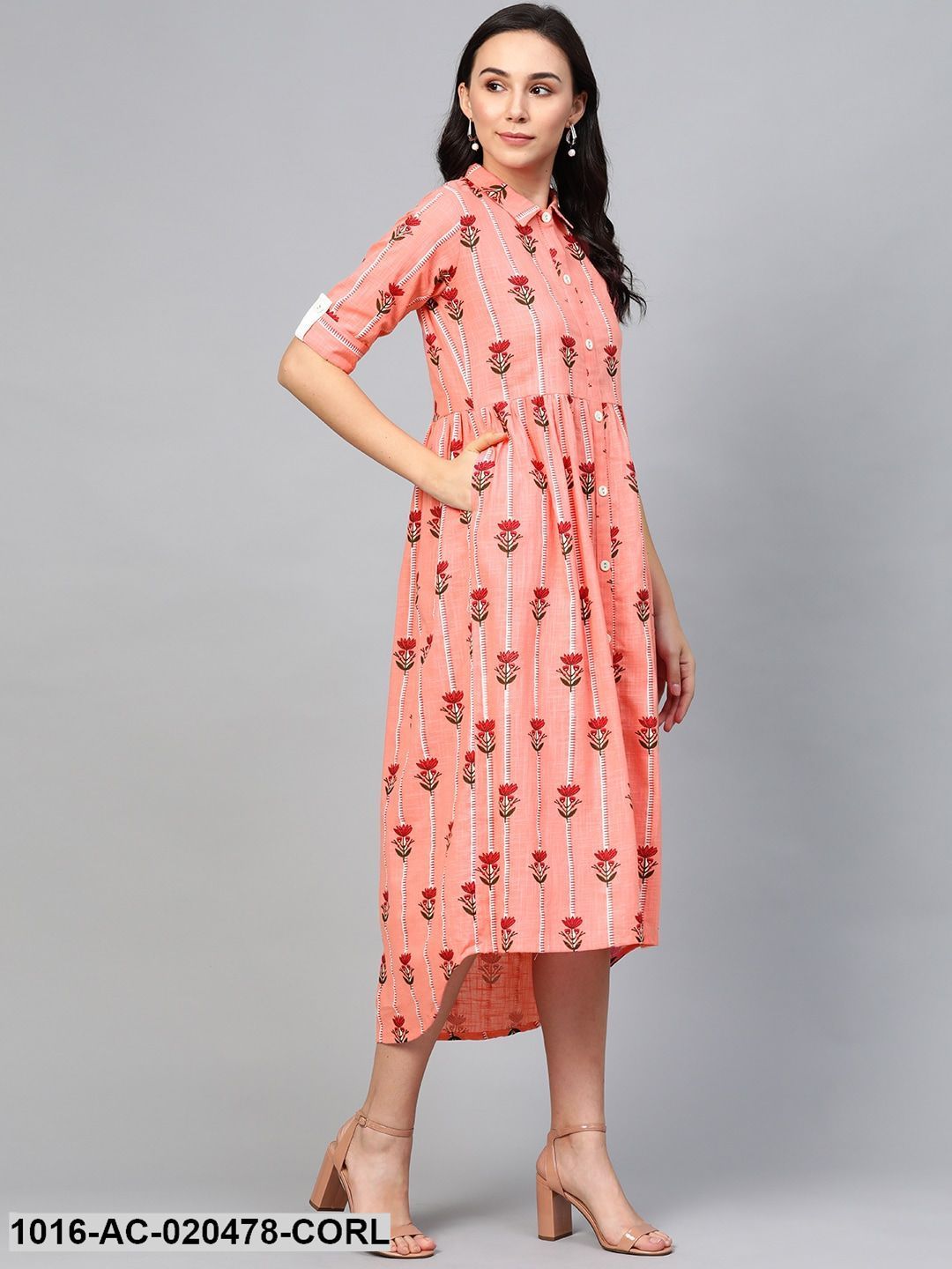 Coral Orange Printed Shirt Dress