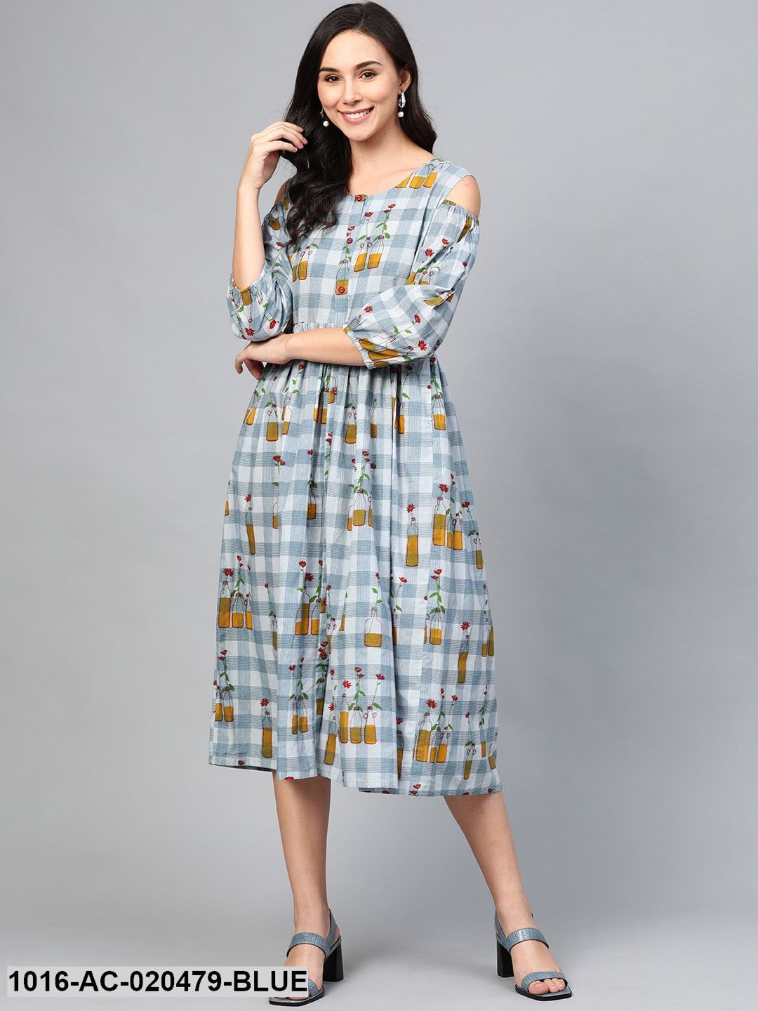Blue & Mustard Yellow Checked Cold Shoulder A-Line Dress