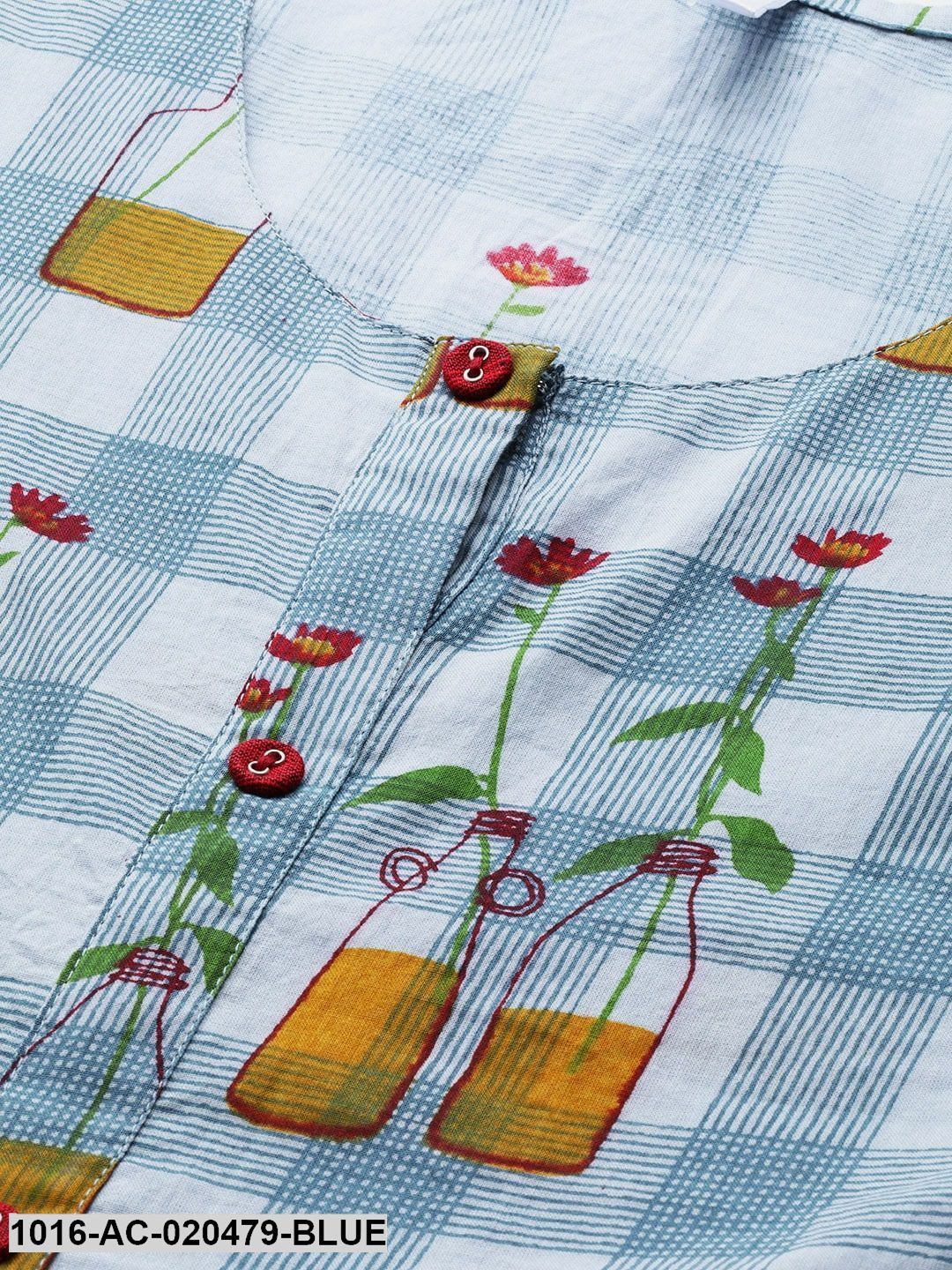 Blue & Mustard Yellow Checked Cold Shoulder A-Line Dress