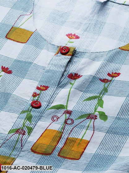 Blue & Mustard Yellow Checked Cold Shoulder A-Line Dress