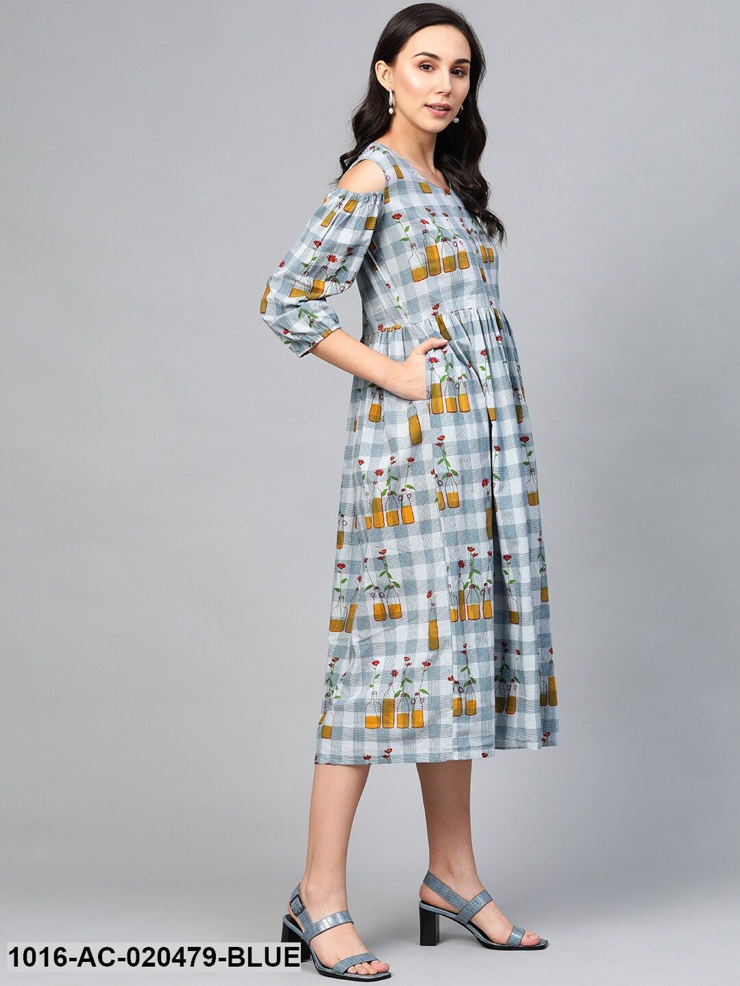 Blue & Mustard Yellow Checked Cold Shoulder A-Line Dress