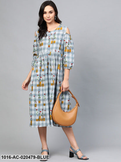 Blue & Mustard Yellow Checked Cold Shoulder A-Line Dress